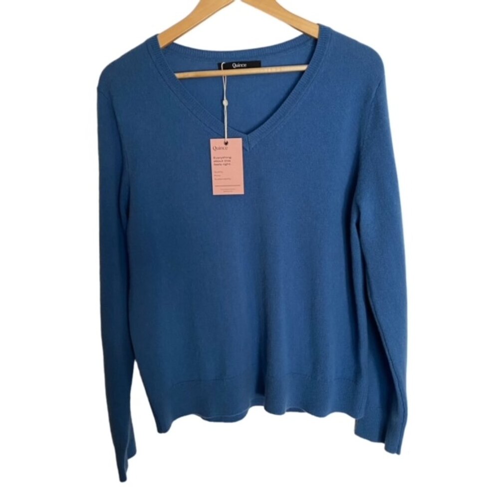 NWT Quince Blue Cashmere V Neck Sweater XLarge